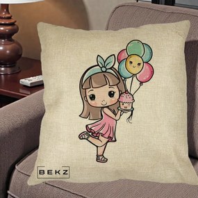 Perna Decorativa Fetita Kawaii cu Baloane si Cupcake, 40x40 cm, Crem, Husa Detasabila, Perna Inclusa, BEKZ®