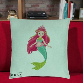 Perna Decorativa Sirena Roz cu Coroana, 40x40 cm, Verde Menta, Husa Detasabila, Perna Inclusa, BEKZ®