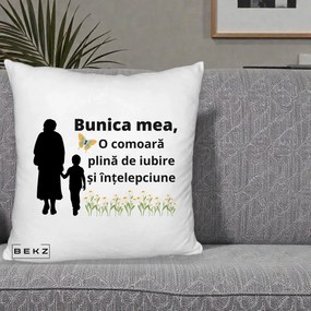 Cadou pentru Bunica - Perna Personalizata Bunica Mea Comoara cu Fluture si Baietel, 40x40 cm, Alb Pufos, Husa Detasabila, Perna Inclusa, BEKZ®