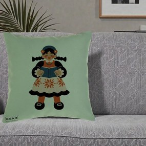 Perna Personalizata Fetita cu Carte Ilustratie Folk, 40x40 cm, Verde, Husa Detasabila, Perna Inclusa, BEKZ®