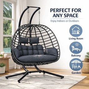 Fotoliu leagan dublu suspendat în formă de ou cu suport, hamac pentru terasă, balansoar pentru 2 persoane, cos pliabil, cu perne detasabile, pentru interior, gazon, grădină, Gri inchis