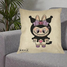 Perna Personalizata Labubu x Kuromi, 40x40 cm, Crem, Husa Detasabila, Perna Inclusa, BEKZ®