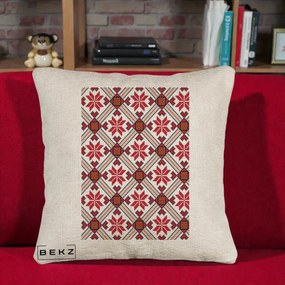 Perna Personalizata Motiv Traditional Ie Romaneasca Rosu, 40x40 cm, Bej Canapea, Husa Detasabila, Perna Inclusa, BEKZ®