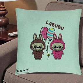 Perna Personalizata Labubu Cuplu cu Baloane, 40x40 cm, Verde Menta, Husa Detasabila, Perna Inclusa, BEKZ®