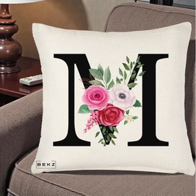 Cadou Personalizat - Perna Personalizata Monograma Florala Litera M cu Trandafiri si Anemona, 40x40 cm, Crem Reliefat, Husa Detasabila, Perna Inclusa, BEKZ®