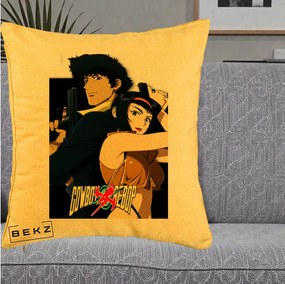 Perna Personalizata Cowboy Bebop Spike si Faye Poster, 40x40 cm, Galben, Husa Detasabila, Perna Inclusa, BEKZ®