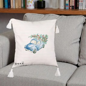 Perna Decorativa Masinuta Albastra cu Brad de Craciun, 40x40 cm, Bej cu Franjuri, Husa Detasabila, Perna Inclusa, BEKZ®