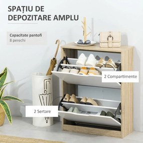 HOMCOM Dulap pantofi cu 2 Sertare Rabatabile, 8 Perechi, cu un Dispozitiv Anti-Răsturnare, Design Compact, 62,5x26x81 cm, Natural | Aosom Romania