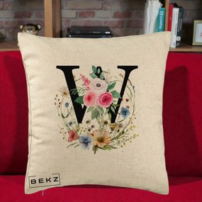 Cadou Personalizat - Perna Personalizata Monograma Florala Litera W, 40x40 cm, Bej, Husa Detasabila, Perna Inclusa, BEKZ®