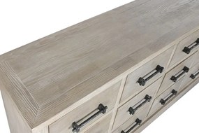 Comodă din metal, alb, 12 sertare cu mânere tip bară și bază tip soclu, finisaj antichizat, 89 x 170 x 40 cm, „Madeleine”