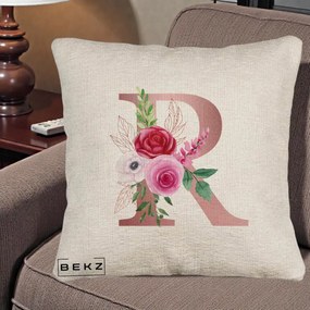 Cadou Personalizat - Perna Personalizata Monograma Rose Gold Litera R, 40x40 cm, Bej Canapea, Husa Detasabila, Perna Inclusa, BEKZ®