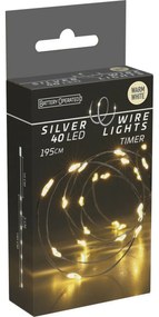 Sârmă luminoasă Silver, 2 m, 40 LED-uri, alb cald,temporizator, cu baterii