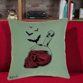 Perna Decorativa Halloween Craniu-Sticla cu Lilieci, 40x40 cm, Verde, Husa Detasabila, Perna Inclusa, BEKZ®