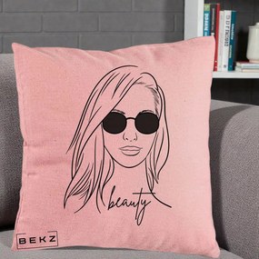 Perna Decorativa Beauty Girl Line Art, 40x40 cm, Roz, Husa Detasabila, Perna Inclusa, BEKZ®