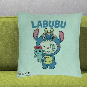Perna Personalizata Labubu x Stitch cu Flori, 40x40 cm, Verde Menta, Husa Detasabila, Perna Inclusa, BEKZ®
