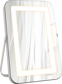 HOMCOM Oglindă de Machiaj LED cu Lumini Reglabile pe 3 Culori, USB și Oglindă de Mărire Rotativă, 31x41,5x3 cm, Alb | Aosom Romania