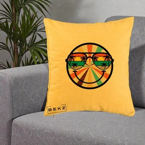 Perna Decorativa Smiley Face Retro Sunset Palmieri, 40x40 cm, Galben, Husa Detasabila, Perna Inclusa, BEKZ®
