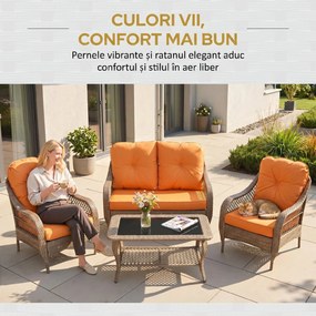 Set Mobilier de Gradina Outsunny, Ratan PE, 2 fotolii si Masa cu Perne, Kaki, Portocaliu | Aosom Romania