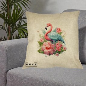 Perna Decorativa Flamingo cu Hibiscus Tropical, 40x40 cm, Crem, Husa Detasabila, Perna Inclusa, BEKZ®