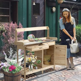 Outsunny Masă de plantare masă de grădinărit cu 2 rafturi, sertar, dulap, tavă oțel galvanizat cu margini înalte, 3 cârlige, natural | Aosom Romania