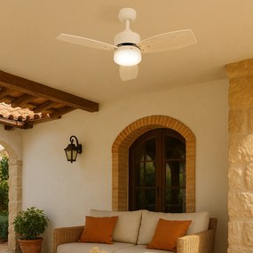 Ventilator de tavan de exterior alb cu imprimeu de lemn 91,3 cm, inclusiv LED cu dimmer cu telecomandă IP44 - Toledo