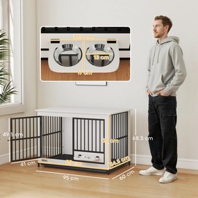 PawHut Cușcă mare pentru câini, acces ușor, închidere cu încuietoare, suport rotativ pentru boluri, pentru câini mici și mari, alb | Aosom Romania