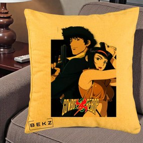 Perna Personalizata Cowboy Bebop Spike si Faye Poster, 40x40 cm, Galben, Husa Detasabila, Perna Inclusa, BEKZ®