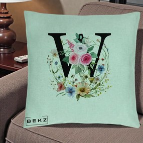 Cadou Personalizat - Perna Personalizata Monograma Florala Litera W, 40x40 cm, Verde Menta, Husa Detasabila, Perna Inclusa, BEKZ®