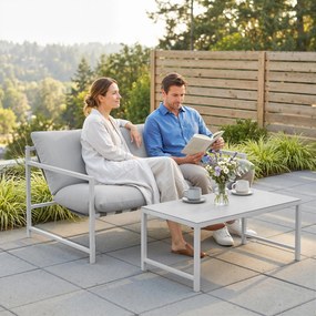 Outsunny Set mobilier de grădină exterior 2 piese, canapea cu perne, masă de cafea cu blat din sticlă securizată marmorat 3D, 125x80x64cm, gri deschis | Aosom Romania