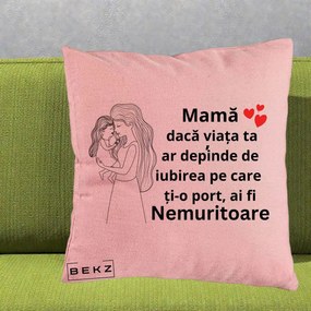 Cadou pentru Mama - Perna Personalizata Mama Nemuritoare cu Copilul in Poala, 40x40 cm, Roz, Husa Detasabila, Perna Inclusa, BEKZ®