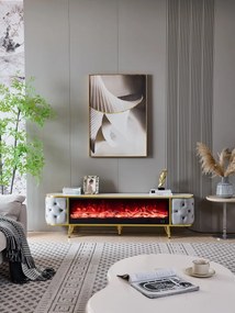 Șemineu electric cu efect LED realist cu 12 culori, Comodă TV cu design oval, control vocal și telecomandă, fără încălzire, 180 cm, Gri