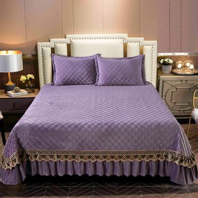 Cuvertură catifea matlasată cu broderie, lila, 3 piese, 220x240 cm, CC74