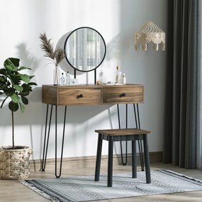 HOMCOM Masa de Machiaj in Stil Industrial, Set Masa de Toaleta cu Taburet si Oglinda de Machiaj, Postatie de Machiaj din Lemn si Metal pentru cameră
