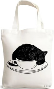 Sacosa de Panza pentru Cumparaturi, Geanta Tote, model Caffeine Cat 22 38 x 34.5 cm, Alba, BEKZ®