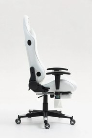 RESIGILAT- Scaun gaming, Masaj in 7 puncte, Boxe Bluetooth, funcție șezlong, 90-180 grade, suport picioare, sezut benzi elastice sustinere suplimentara, PU, Alb