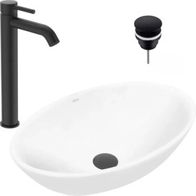 Pachet lavoar pe blat Rea Pamela alb 53 cm, baterie lavoar Ideal Standard Ceraline negru si ventil lavoar Click-Clack negru
