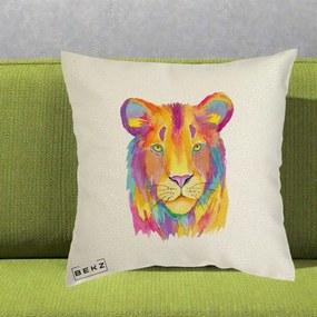 Perna Decorativa Leu Acuarela Curcubeu, 40x40 cm, Ecru, Husa Detasabila, Perna Inclusa, BEKZ®