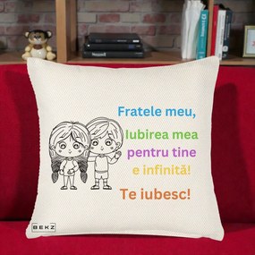 Cadou pentru Frate - Perna Personalizata Fratele Meu Te Iubesc Copii Anime Colorat, 40x40 cm, Crem Reliefat, Husa Detasabila, Perna Inclusa, BEKZ®