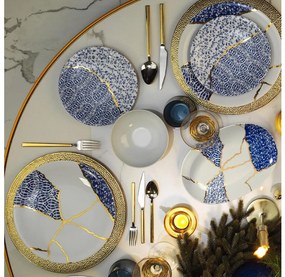 Set de veselă, 28 piese, din porțelan, alb/auriu/albastru