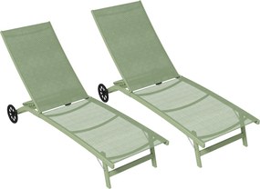 Outsunny Set de 2 șezlonguri din aluminiu și textilenă cu roți spătar rabatabil sarcină max. 150 Kg verde închis | Aosom Romania