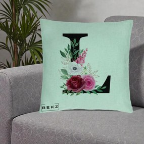 Cadou Personalizat - Perna Personalizata Monograma Florala Litera L, 40x40 cm, Verde Menta, Husa Detasabila, Perna Inclusa, BEKZ®