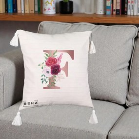 Cadou Personalizat - Perna Personalizata Monograma Rose Gold Litera F, 40x40 cm, Bej cu Franjuri, Husa Detasabila, Perna Inclusa, BEKZ®