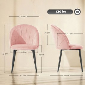 HOMCOM Set de 2 Scaune de Sufragerie din Catifea, Scaune Bucătărie cu Spătar Curbat în Formă de Scoică, Picioare din Oțel, Stil Nordic, Scaun Tapițat pentru Bucătărie, Dormitor, Cameră de Zi, Roz | Aosom Romania