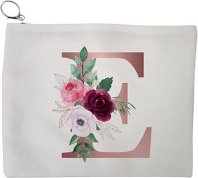 Portfard Cosmetice tip Plic, Cu litera E Rose Gold si Trandafiri, 23x18 cm, Alb, BEKZ®