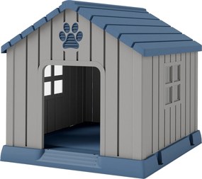 PawHut Căsuță pentru Câini din Plastic pentru Exterior, Impermeabilă, pentru Câini de Talie Medie cu Bază Ridicată, Ferestre și Acoperiș pentru Grădină, Patio, Terasă, Casă și Interior, 85x79x82 cm, Gri | Aosom Romania