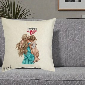 Cadou pentru Mama - Perna Personalizata Mommy's Girl Mama si Fetita, 40x40 cm, Ecru, Husa Detasabila, Perna Inclusa, BEKZ®