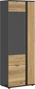 Vitrina LUEN, stejar/negru, PAL laminat/sticla securizata, cu 3 usi, 7