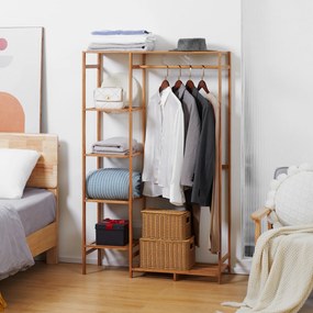 HOMCOM Suport pentru Haine din Bambus cu Rafturi pe 6 Niveluri și Bară pentru Haine, Stender pentru Dormitor și Hol, Design Modern, 90x30x145 cm, Lemn Natural | Aosom Romania