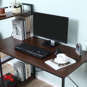 HOMCOM Birou de colț cu depozitare design industrial cu bibliotecă 3 rafturi panouri particulate aspect nuc metal negru | Aosom Romania