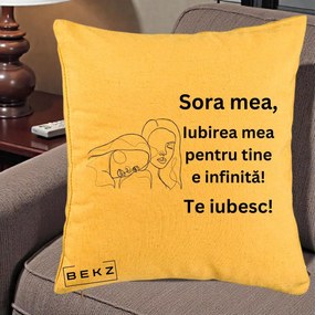 Cadou pentru Sora - Perna Personalizata Sora Mea Te Iubesc Line Art Portrete Fata in Fata, 40x40 cm, Galben, Husa Detasabila, Perna Inclusa, BEKZ®